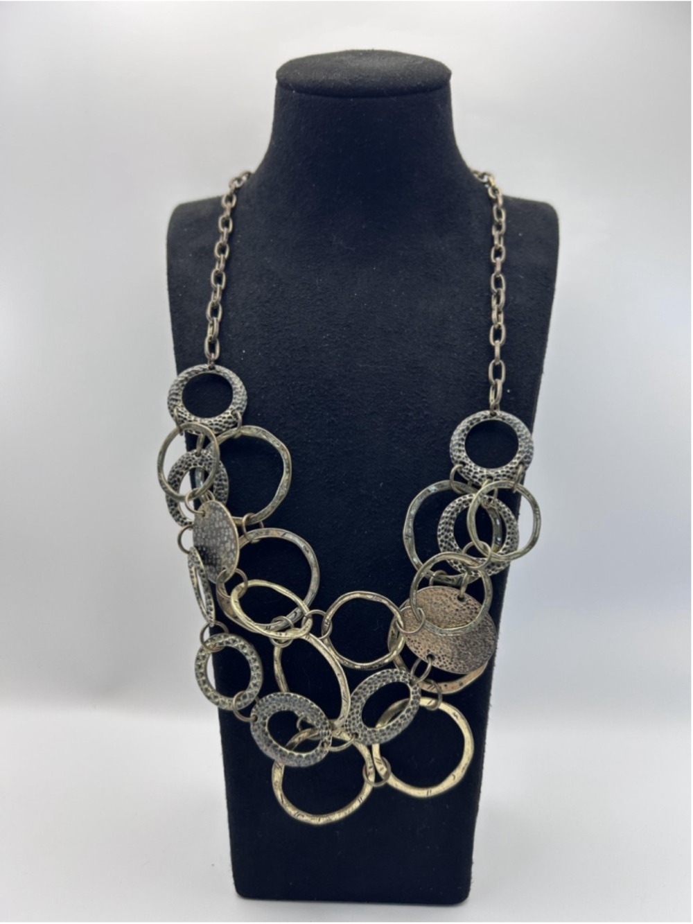 Necklace Gold Tone Multi Circle Link Chain Bib‎ Statement Hammered Rings 18 In